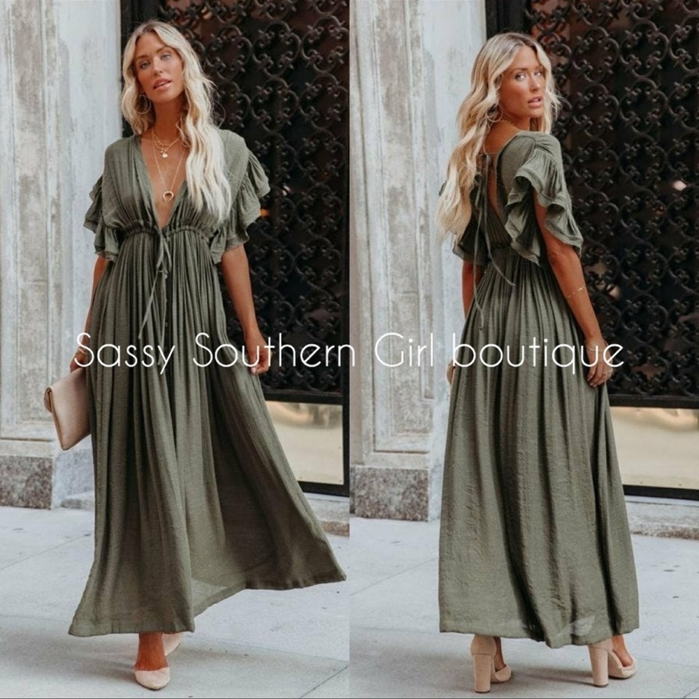 Boho deep neck button down maxi Dress Rustic
